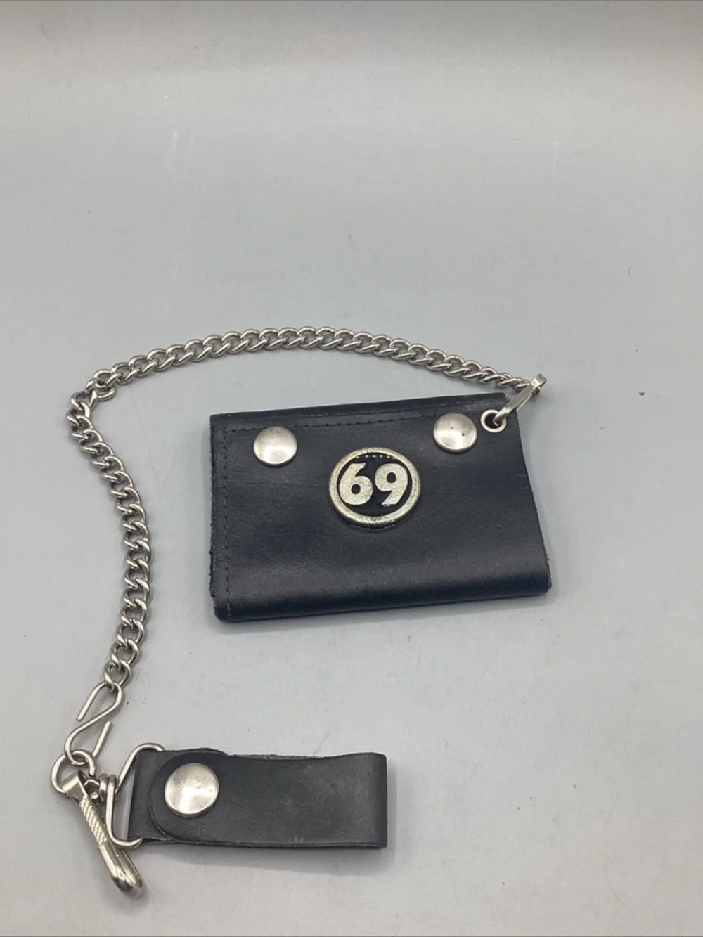 Vintage Black Leather Chain Wallet with Number 69 Accent USA Made